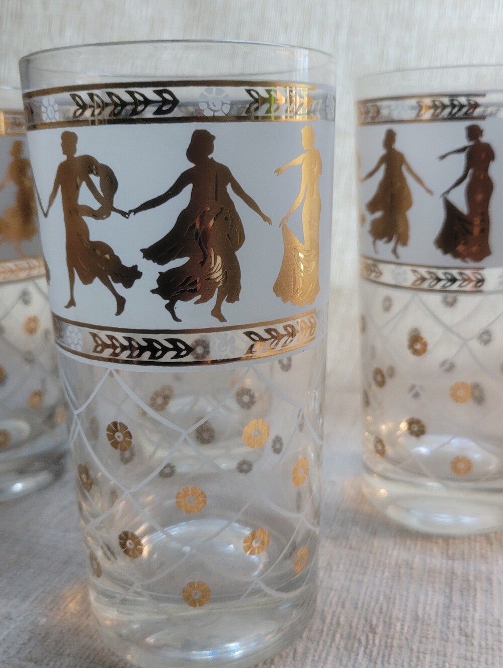 Vintage MCM Culver Style Roman Goddess Highball Glasses - 22k Gold Accent Set 6